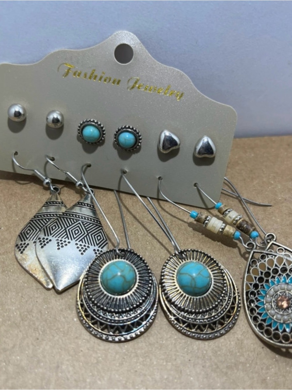 Turquoise Accent Silver-Tone Mixed Earring Set - Fashion Jewelry